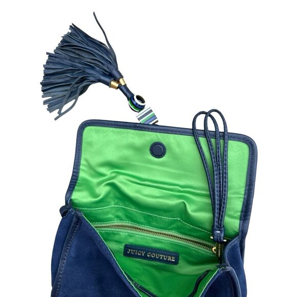 Juicy Couture Navy Blue Suede Clutch - Magnetic Closure - Leather Trim & Tassels - Picture 7 of 8